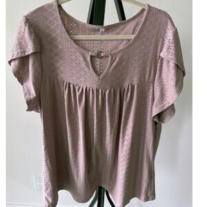 Women's XL Pink Petal Short Sleeve Shirt Cute Summer Pleated Key Hole